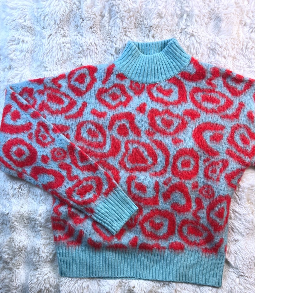Essentiel Antwerp Red Blue Abstrac Leopard Mohair Blend Mock Neck Sweater XS A38